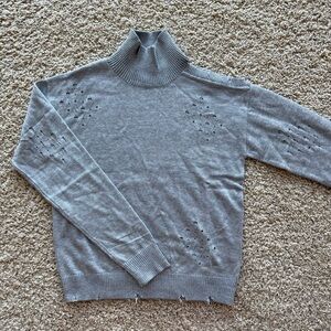 SANTO Distressed Gray Open Shoulder Cotton Blend Turtleneck Sweater Ribbed Edges